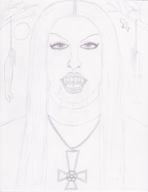 Black Metal Chick - Artwork in progress step 3. SatansSchlongs.com