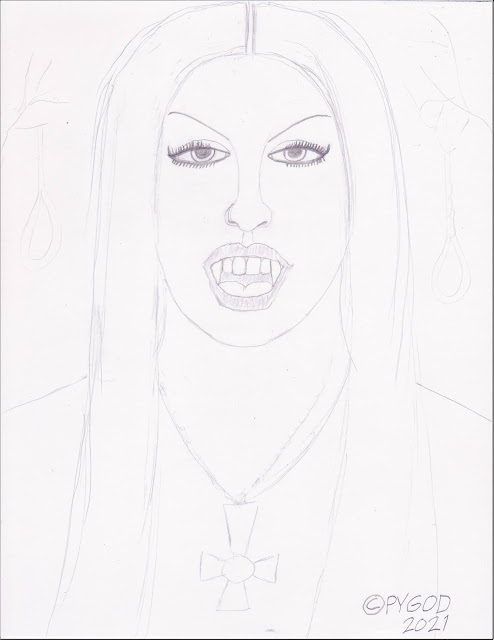 Black Metal Chick, Artwork in progress step 1. SatansSchlongs.com