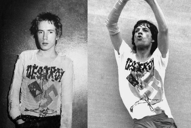 DESTROY shirt as worn by Johnny Rotten and Mick Jagger in The Sex Pistols vs. The Rolling Stones feud to see who's the most edgy band. PunkMetalRap.com.