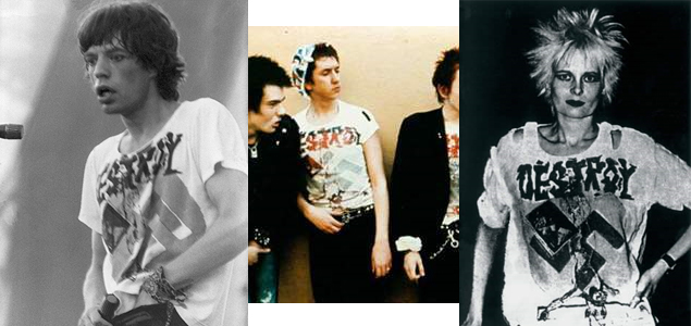 Mick Jagger, Steve Jones (Sex Pistols) & Vivienne Westwood all wearing the DESTROY swastika shirt. PunkMetalRap.com