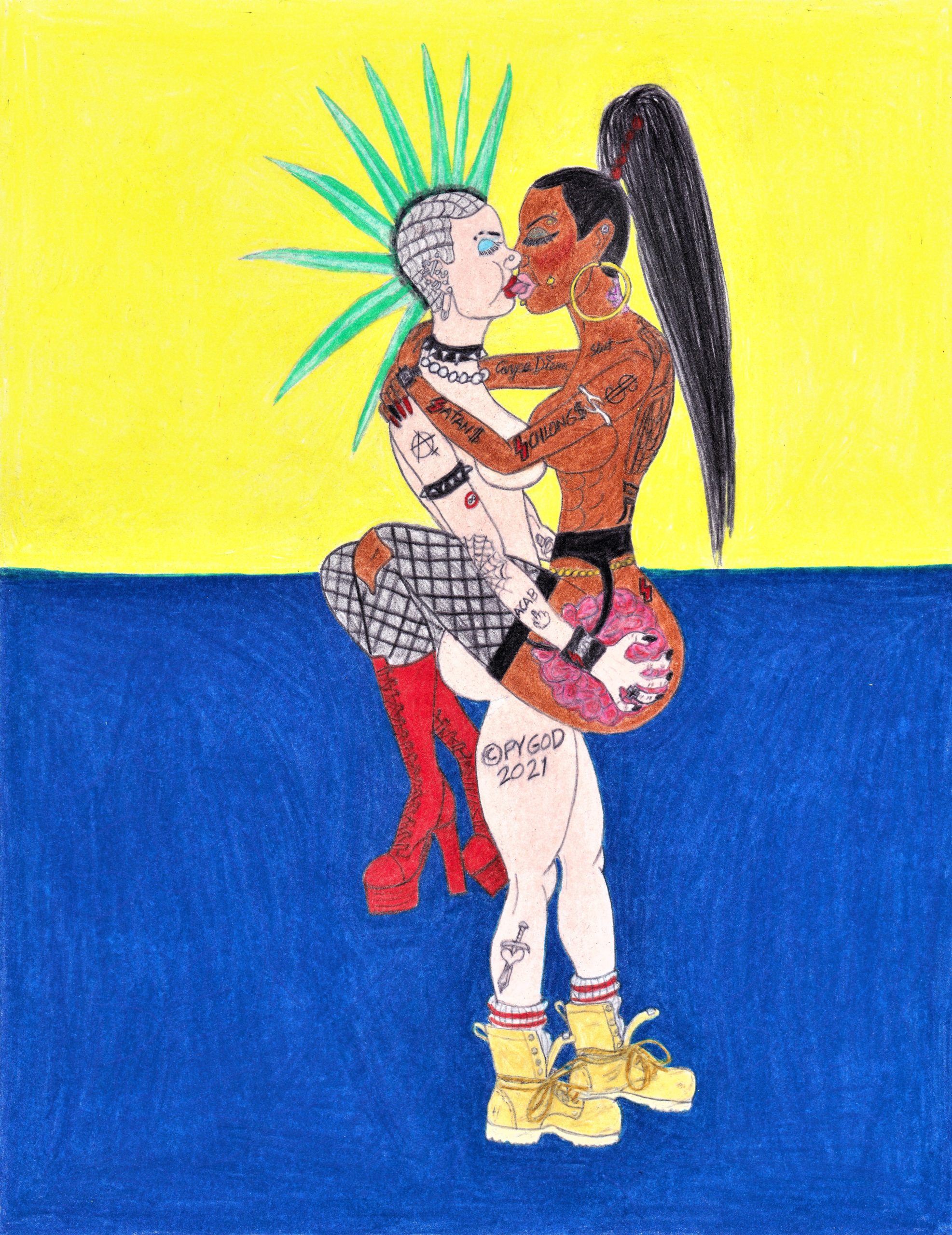 Edgy Girls making out (Yellow and Blue)